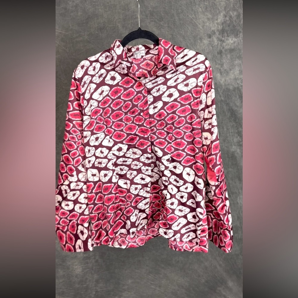 Grass-Fields | Abstract Print Button-Front Blouse |Burgundy Red White | Size 18